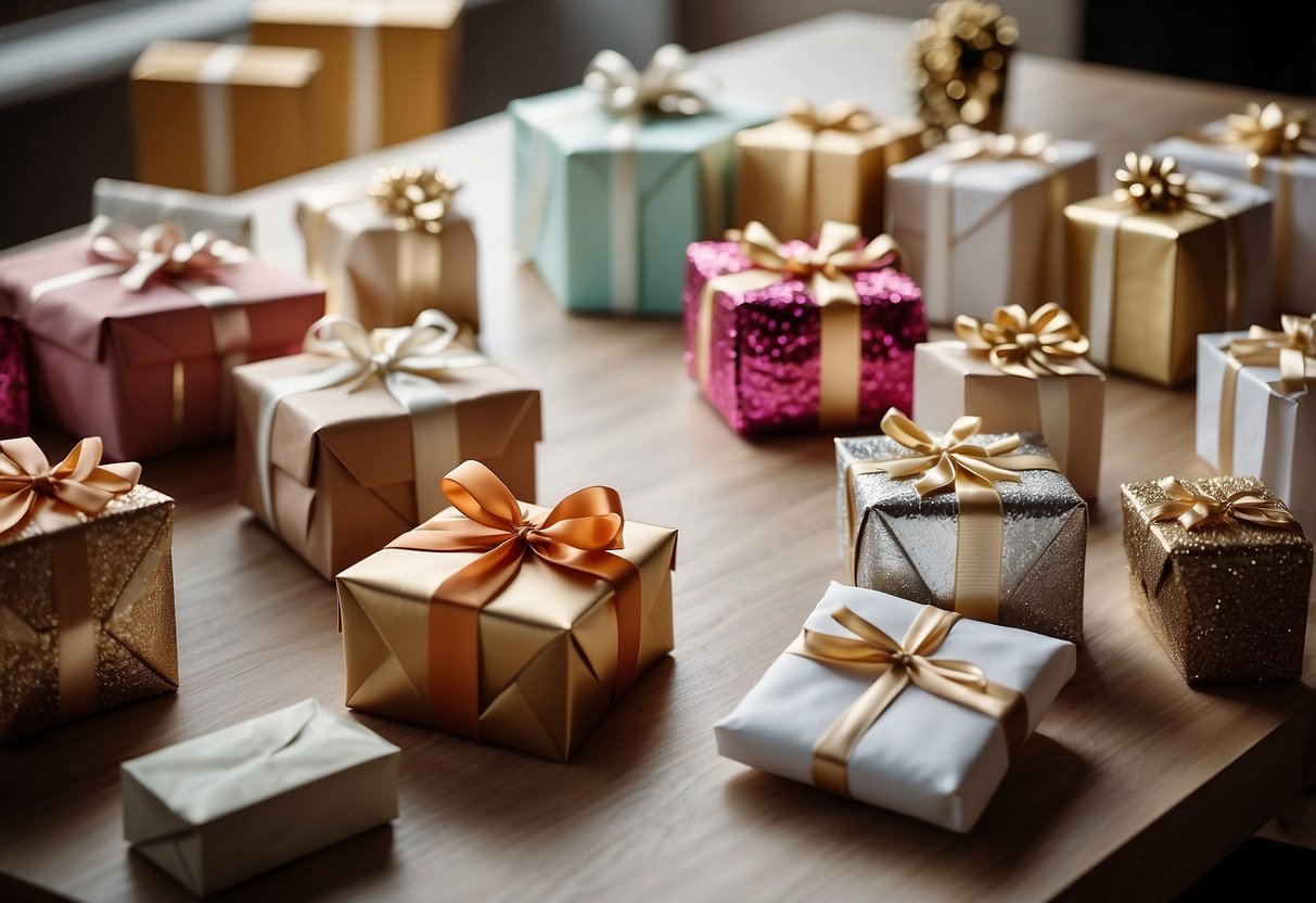 A table with various gift options for a wedding, including wrapped presents, gift cards, and monetary envelopes