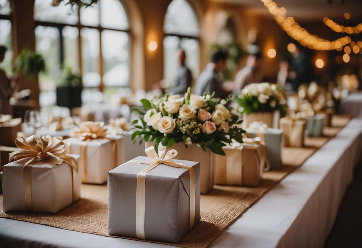 Guests selecting and wrapping wedding gifts of varying sizes and shapes. A table with a sign indicating "Special Considerations for Different Wedding Events" in the background