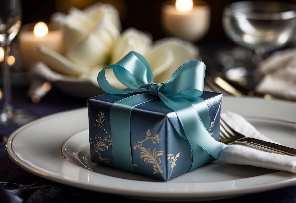 A beautifully wrapped gift box with a ribbon and bow, surrounded by elegant wedding decor and a table setting with fine china and silverware