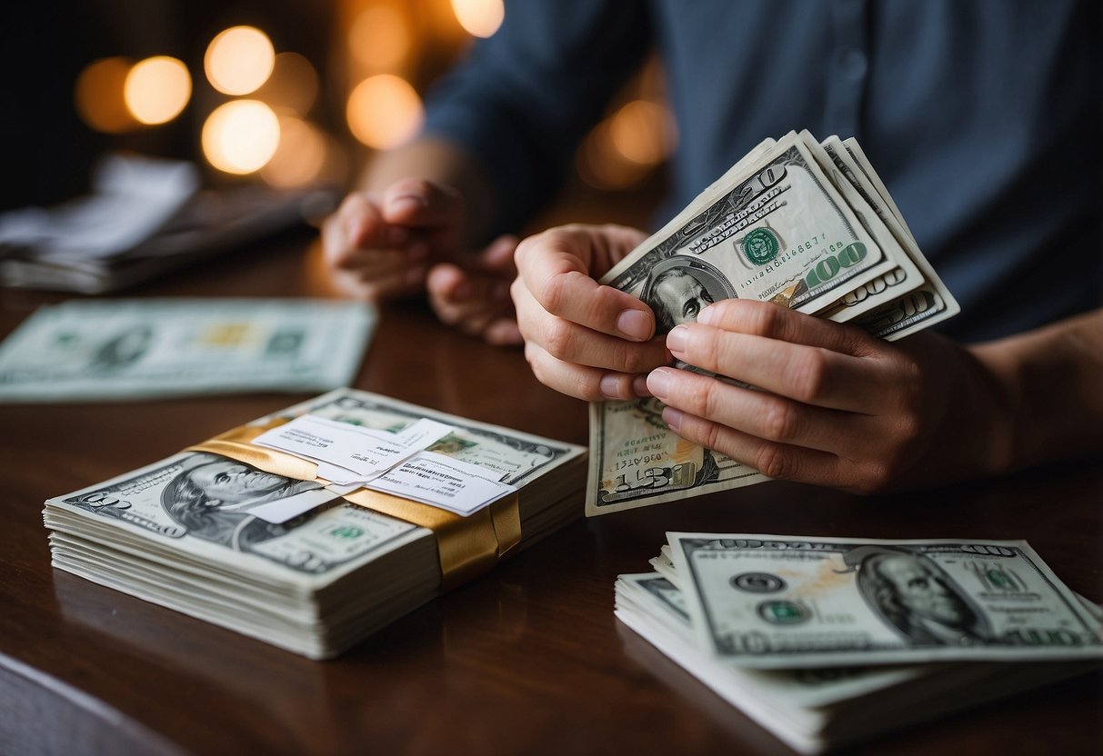 A person holding a wedding invitation and pondering over a stack of cash and gift cards, trying to decide how much to spend on a wedding gift