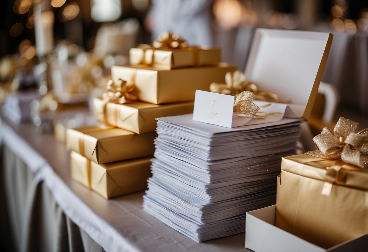 A gift table at a wedding reception with various envelopes and cards, indicating the special considerations for wedding guests on how much to give as a wedding gift