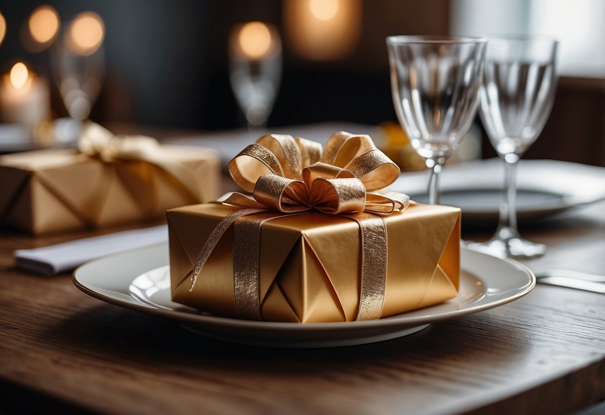 A table with a beautifully wrapped gift box, a wedding invitation, and a card with "How much to give as a wedding gift" written on it