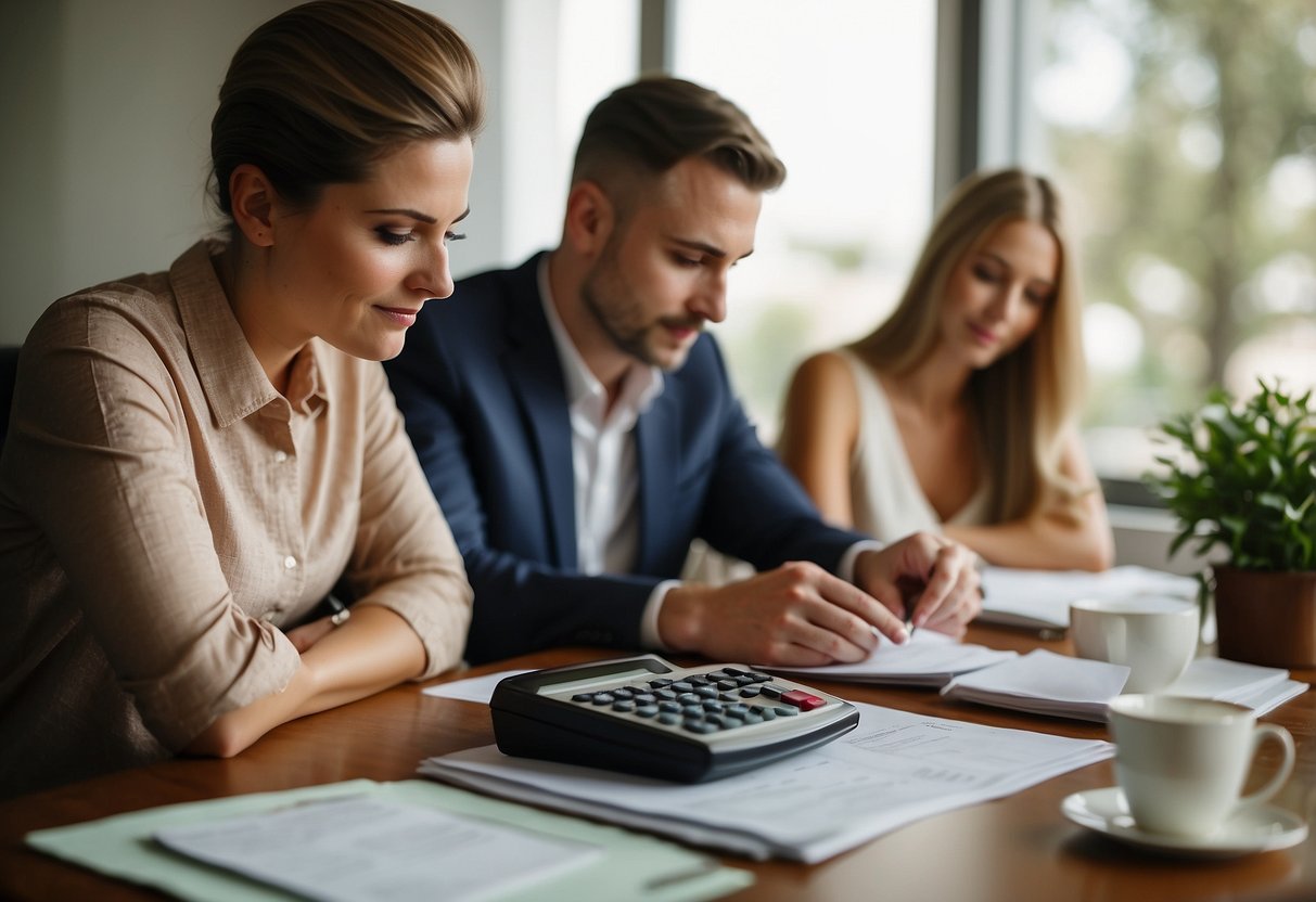 A couple sits at a table with a calculator, contract, and cash envelope, contemplating how much to tip their wedding photographer