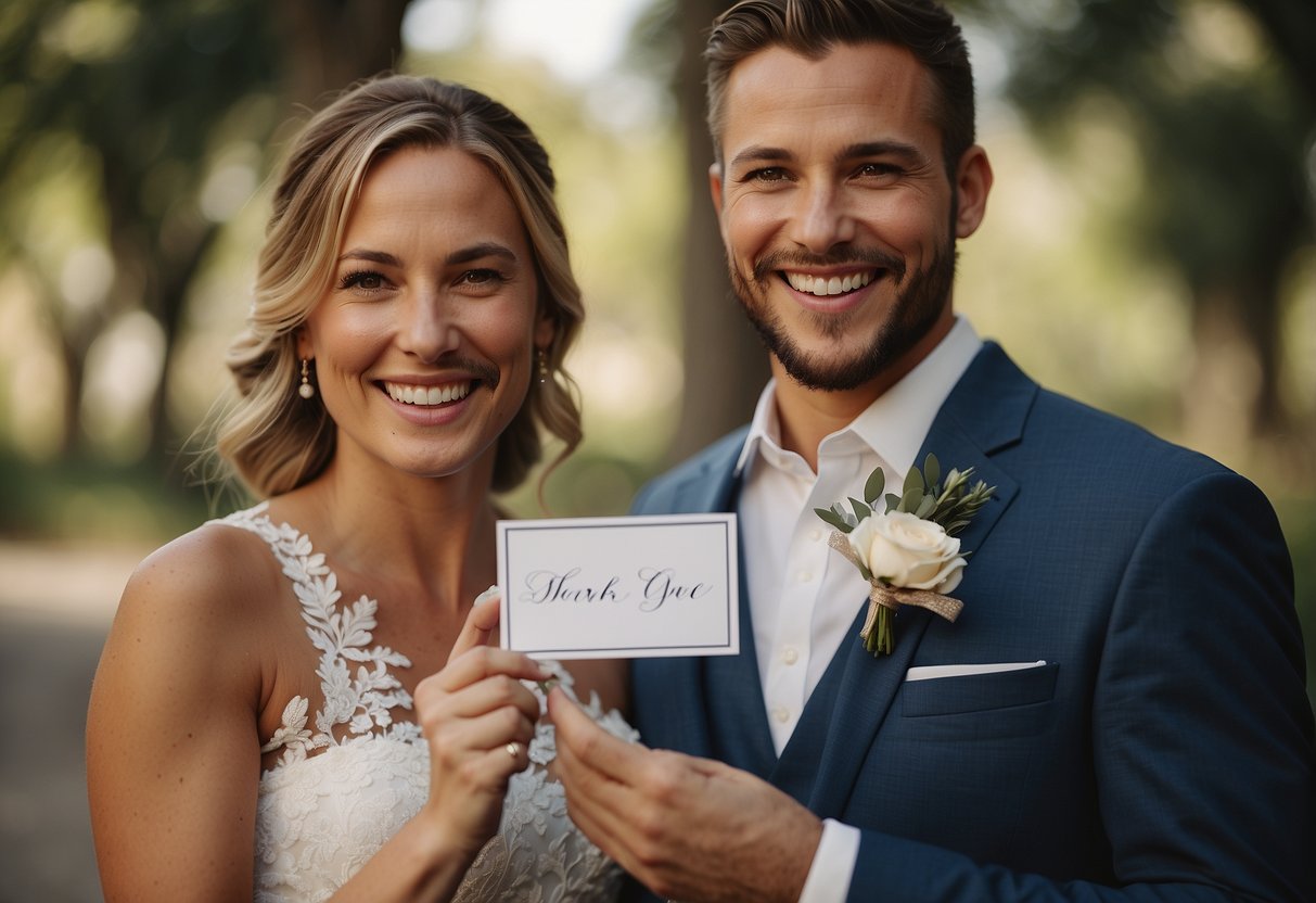 A bride and groom smiling while handing a thank you card with a heartfelt message to a wedding photographer