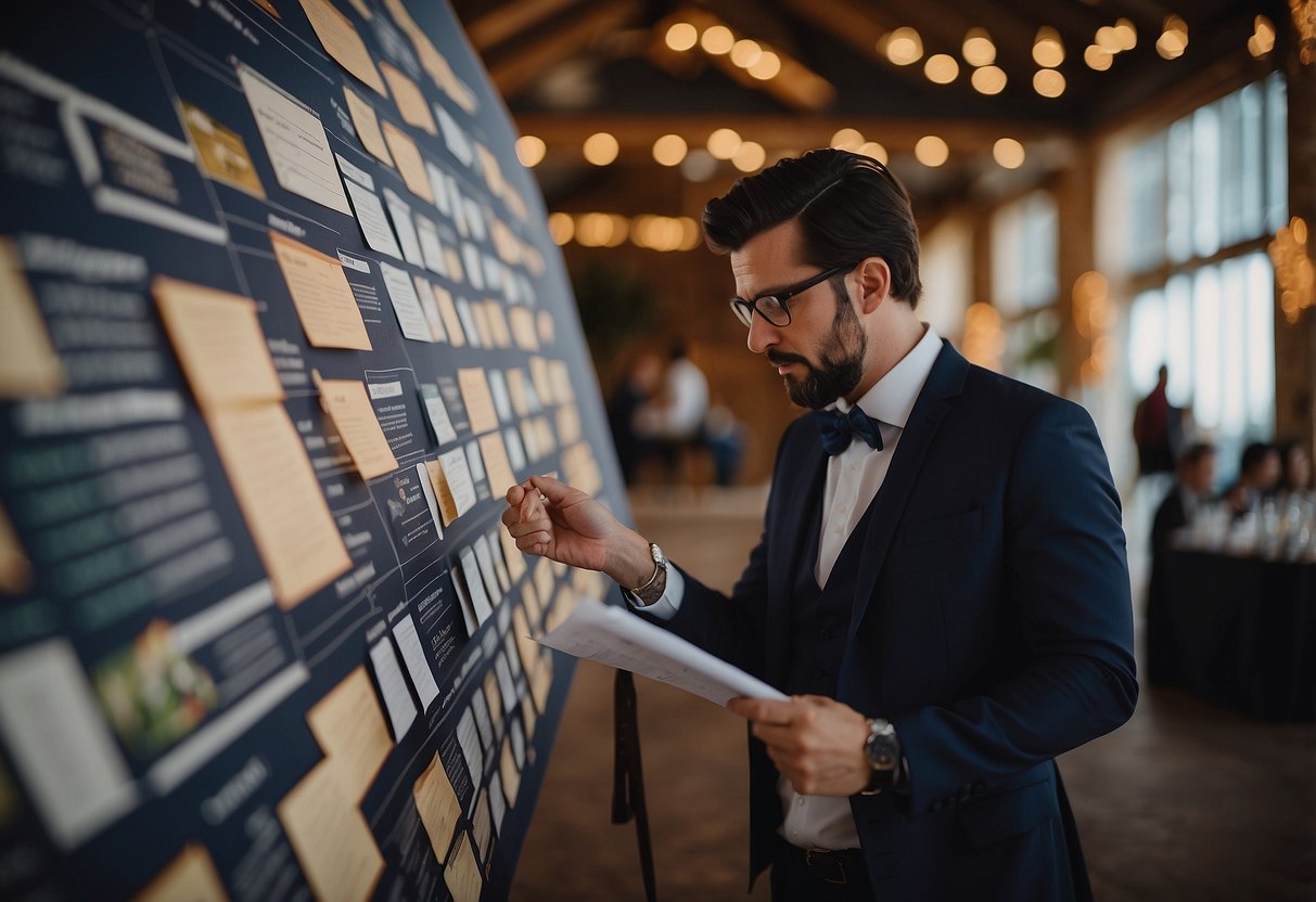 A wedding coordinator reviewing a detailed timeline, coordinating with vendors, and ensuring smooth execution of the event