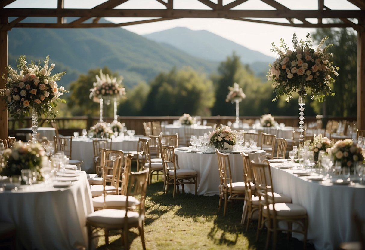 A bustling wedding venue with tables set, flowers arranged, and a stage for speeches. A coordinator oversees the setup, directing staff and checking details