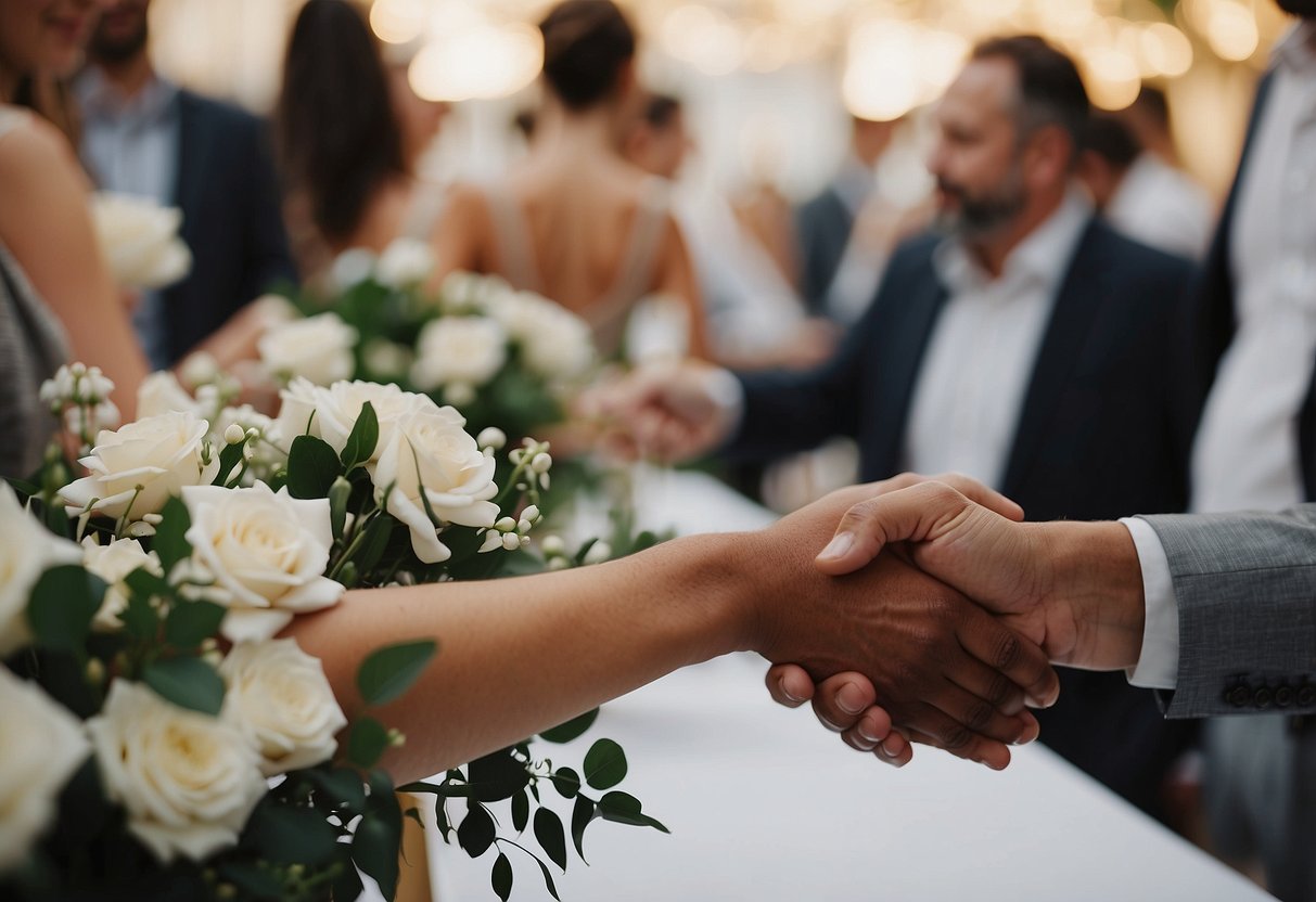 A person shaking hands with a wedding vendor, while exchanging business cards at a networking event. Tables adorned with floral centerpieces and wedding decor fill the room as people mingle and chat