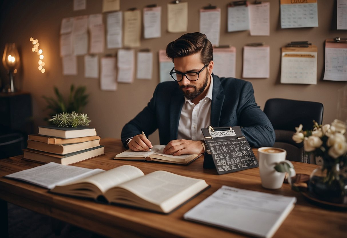 A person studying a wedding planning book, surrounded by notebooks and a laptop, with a calendar and inspirational quotes on the wall