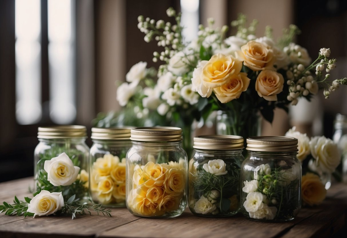 Wedding flowers arranged on a table, surrounded by jars of preserving solution and tools. A step-by-step guide is open nearby