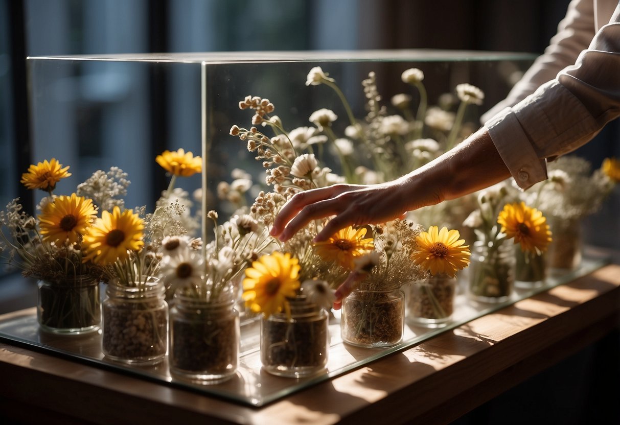 Hands delicately arranging dried wedding flowers in a glass display case. A label reads "Preserved with care." Sunlight filters through the window, casting a warm glow on the arrangement