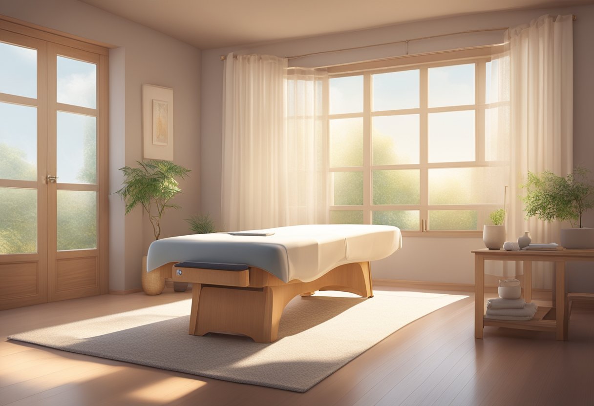 A serene room with soft lighting, a massage table, and a peaceful atmosphere. A dreamy, ethereal quality permeates the scene, evoking a sense of relaxation and tranquility