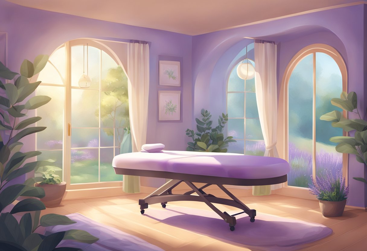 A serene room with a massage table bathed in soft light, surrounded by calming decor. A peaceful atmosphere with gentle music and the scent of lavender in the air