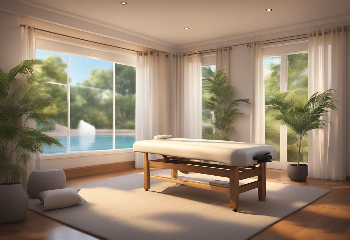 A serene room with a massage table surrounded by soft lighting and calming music. A gentle breeze carries the scent of soothing essential oils, creating a peaceful atmosphere for relaxation and rejuvenation