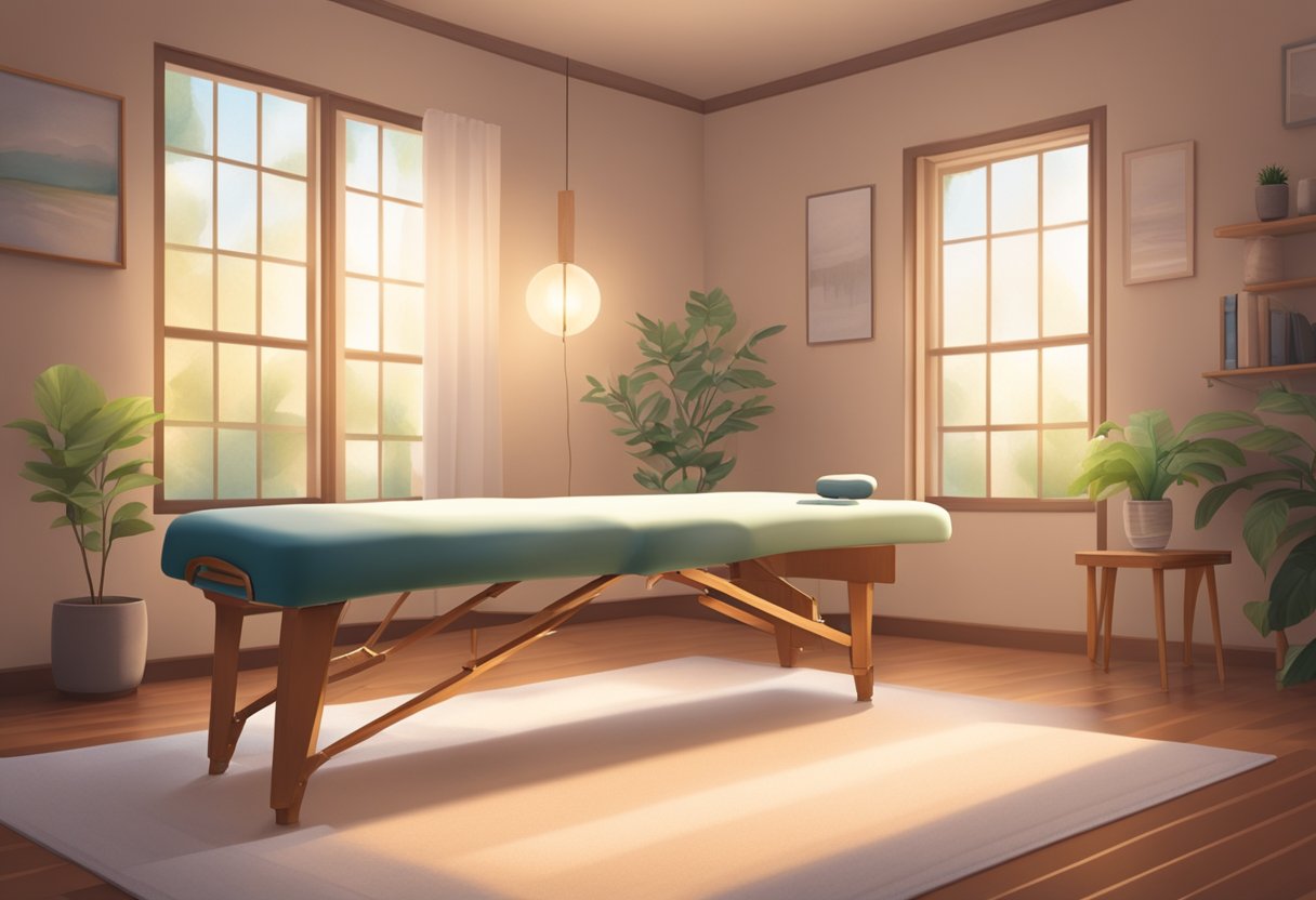 A serene room with soft lighting, a comfortable massage table, and gentle music playing in the background. A peaceful atmosphere that promotes relaxation and introspection