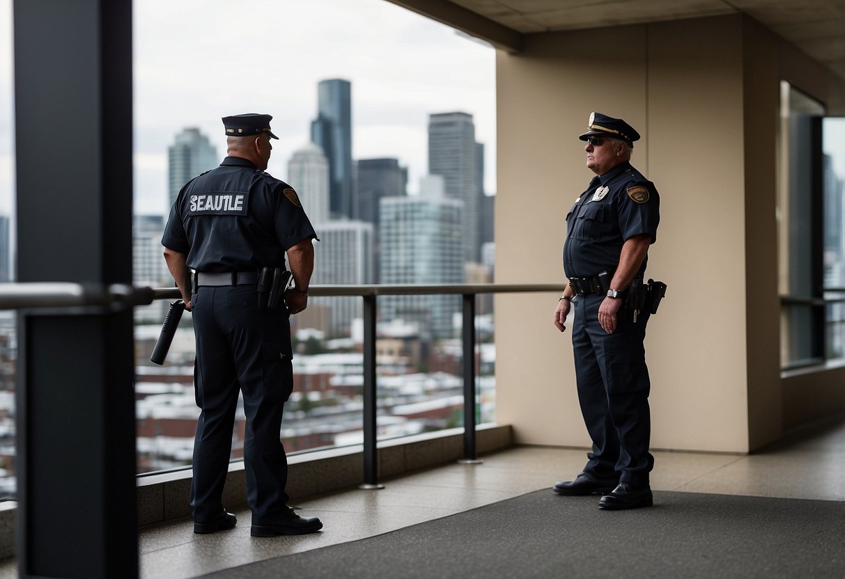 A security guard patrols a Seattle building, checking doors and windows for signs of intrusion. The city skyline looms in the background