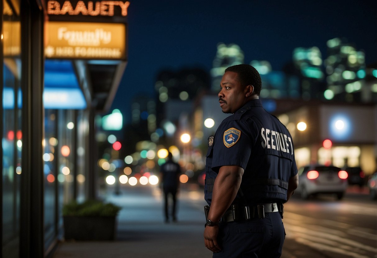 A local security guard in Seattle patrols a storefront at night, vigilant and alert. The city skyline looms in the background, showcasing the importance of their presence in maintaining safety