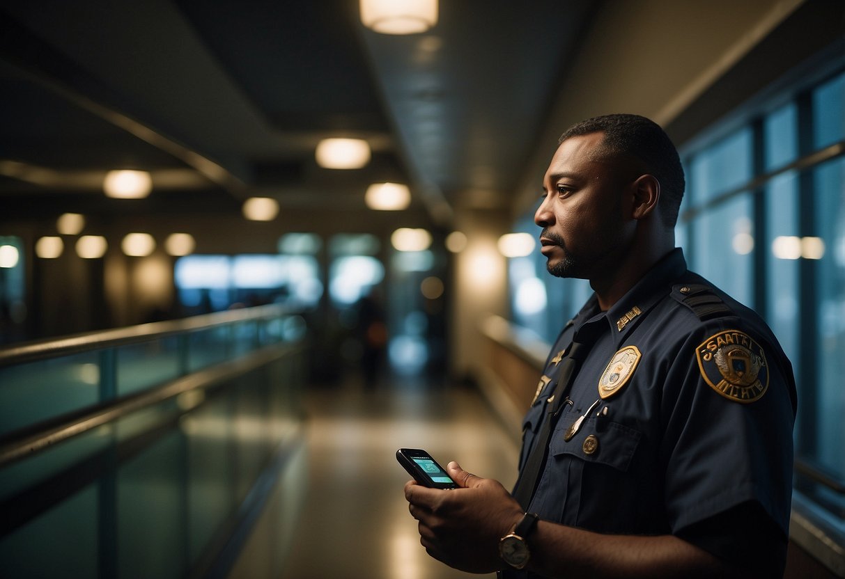 A security guard patrolling a Seattle building at night, checking locks and monitoring surveillance cameras