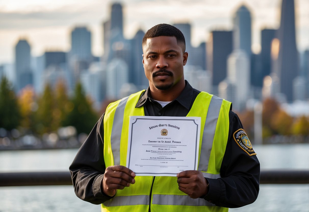 A security guard studying a training manual, with a certification certificate and Seattle city skyline in the background