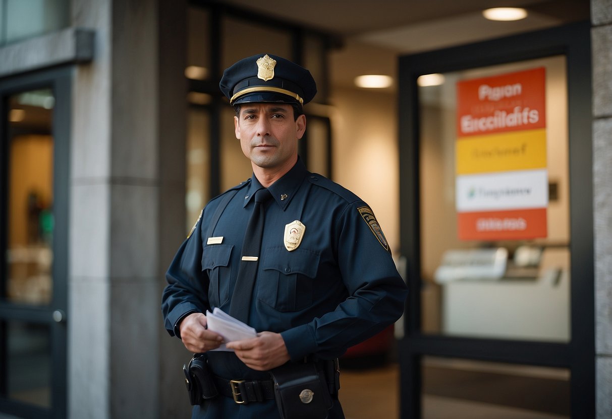 A security guard in uniform checks identification at a Seattle building entrance, while a sign displays local labor laws and ethical guidelines