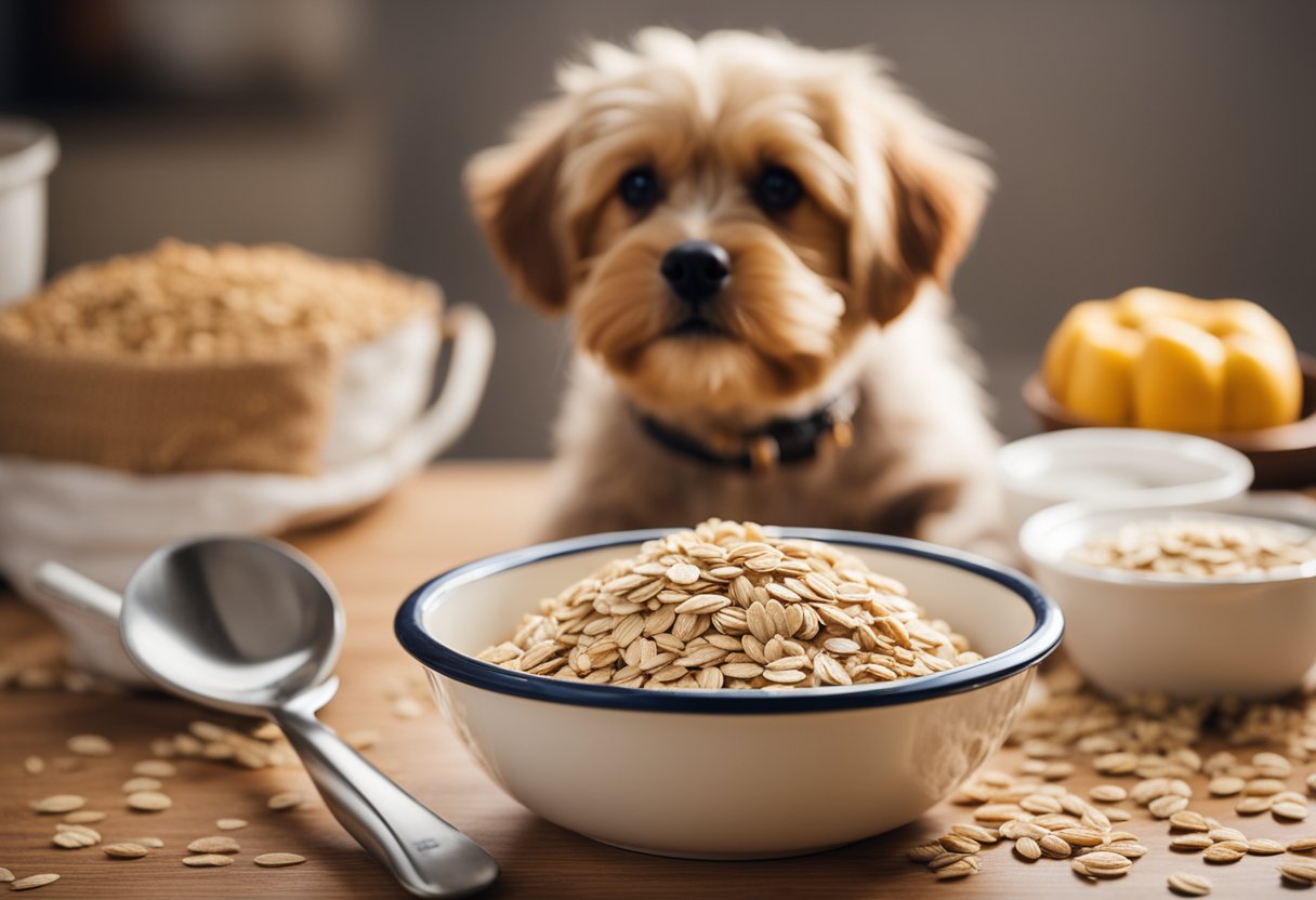 A dog bowl filled with oatmeal, surrounded by a measuring cup, spoon, and a bag of oats. A happy dog eagerly waits nearby