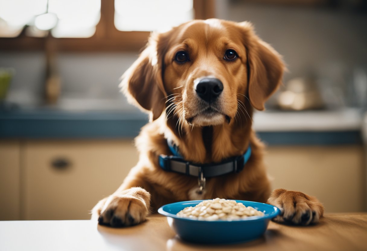 A dog eagerly eats a bowl of oatmeal, wagging its tail in anticipation. A bag of dog food sits nearby, emphasizing the importance of understanding a dog's nutritional needs