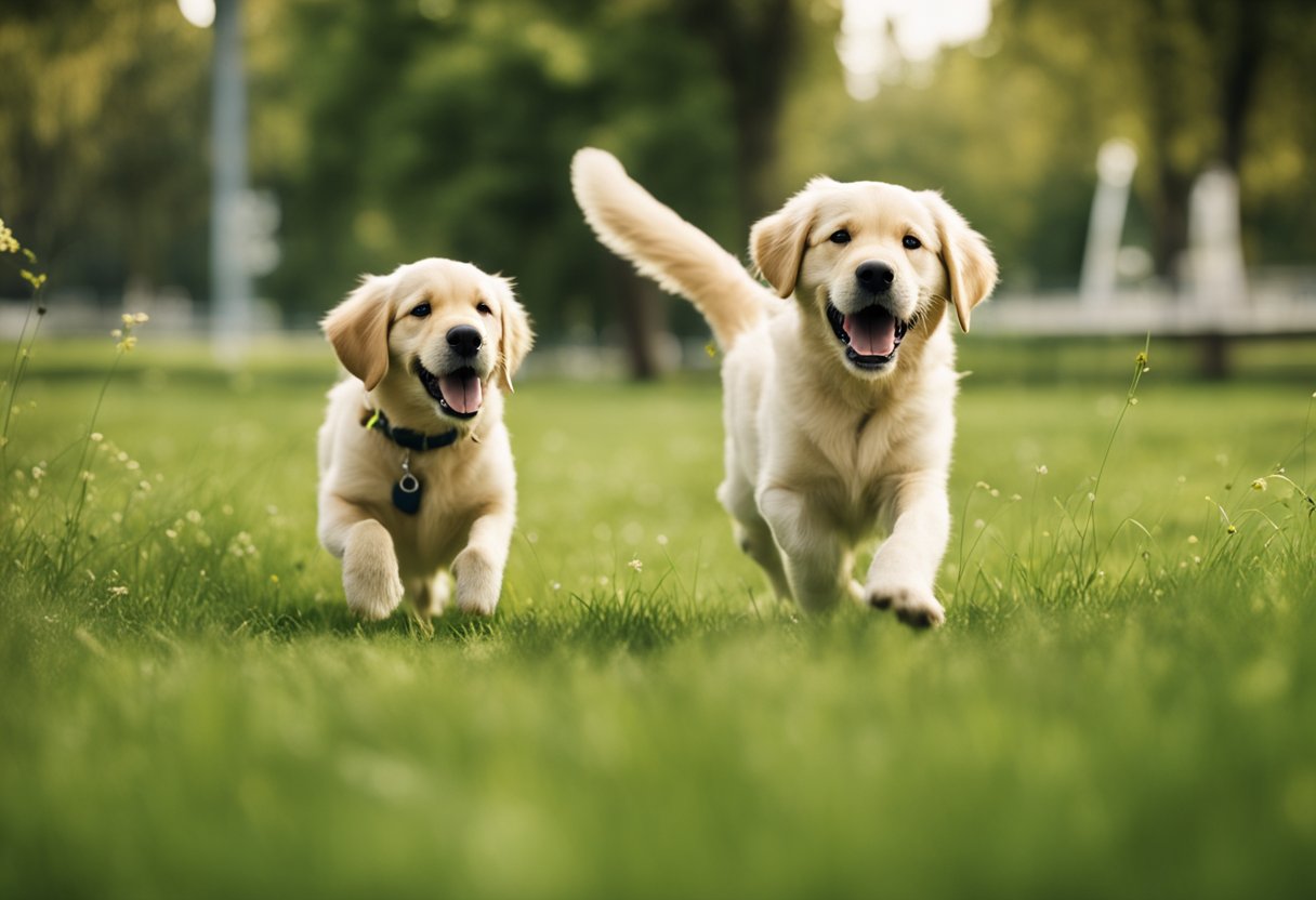 A joyful Labrador and a playful Golden Retriever romp with children in a grassy park, their tails wagging and tongues lolling in happiness