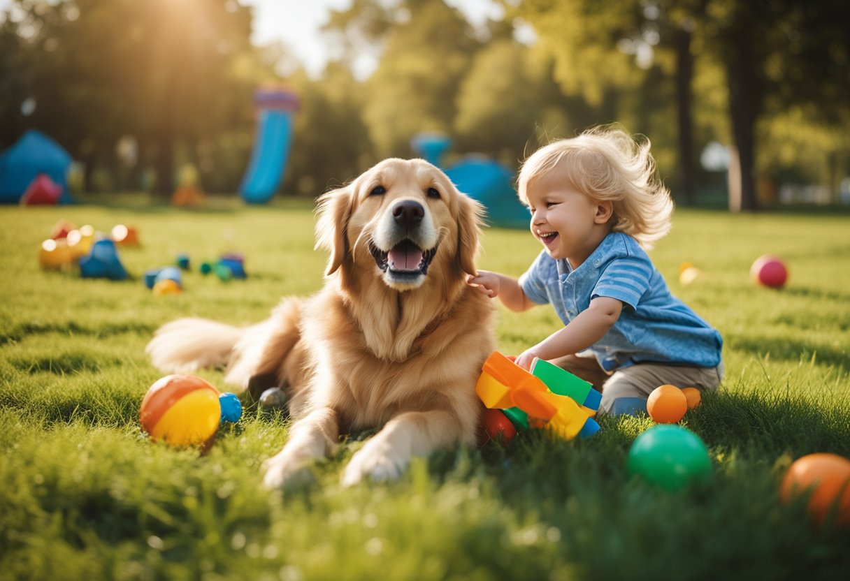 A joyful golden retriever plays with a laughing child in a grassy park, surrounded by colorful toys and a bright blue sky