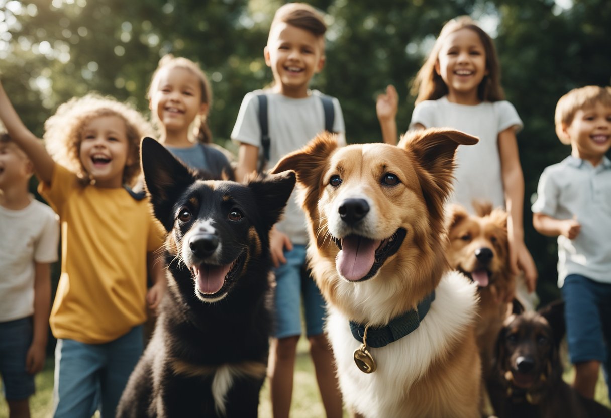 A group of happy, playful dogs surrounded by smiling children in a safe and friendly environment