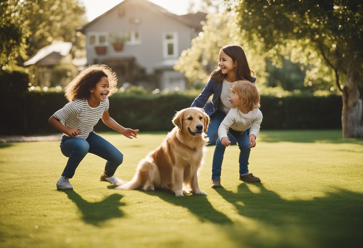 A joyful family playing with a friendly Golden Retriever and a playful Labrador in a spacious backyard