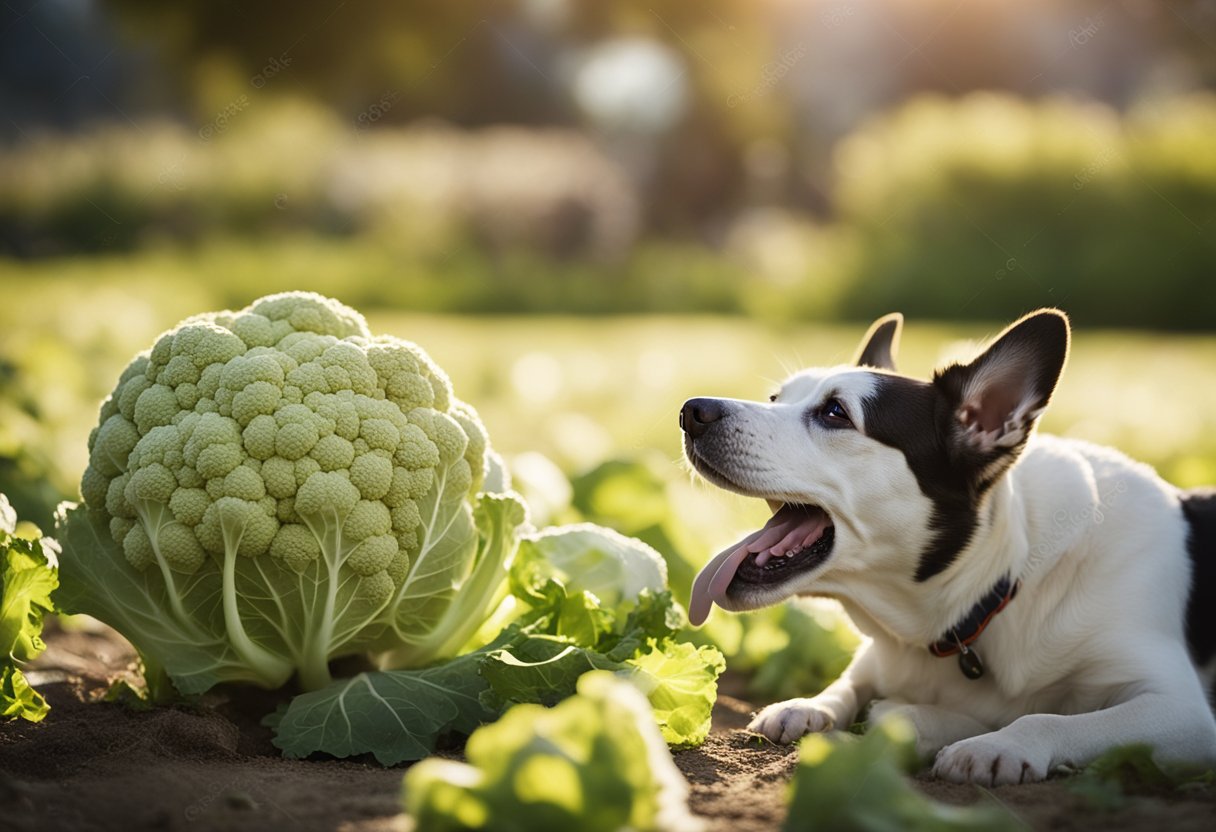 A dog eagerly munches on a piece of cauliflower, its tail wagging happily