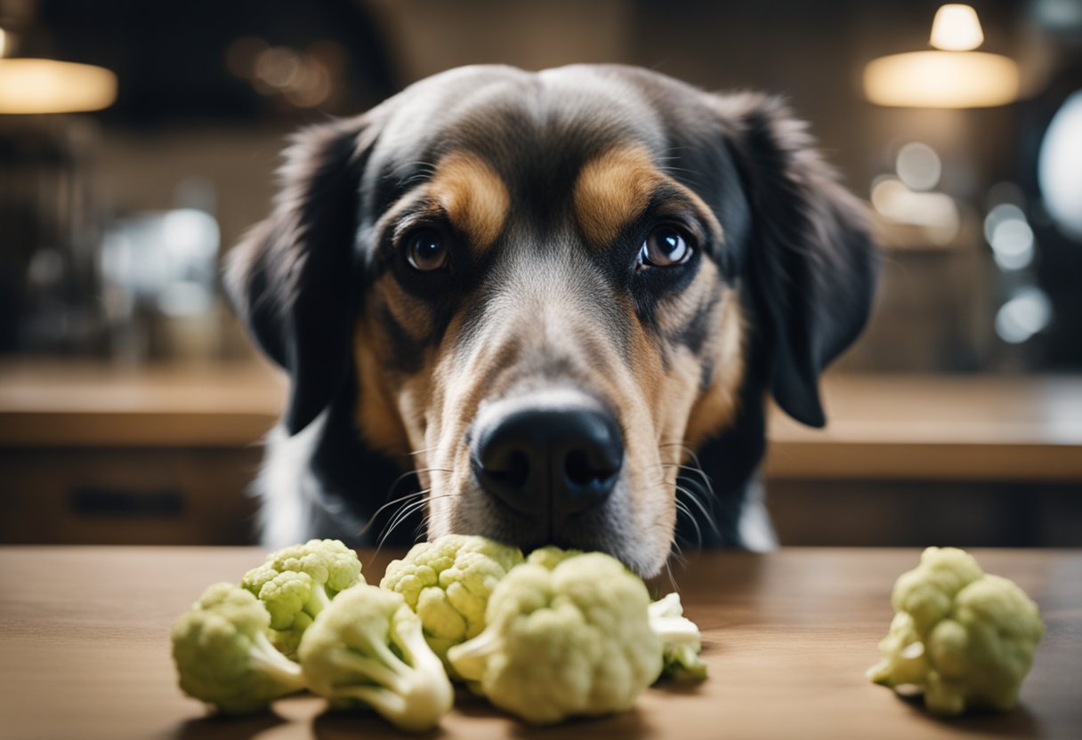 A dog sniffs a head of cauliflower with caution. A warning sign and crossed-out dog food bowl are in the background