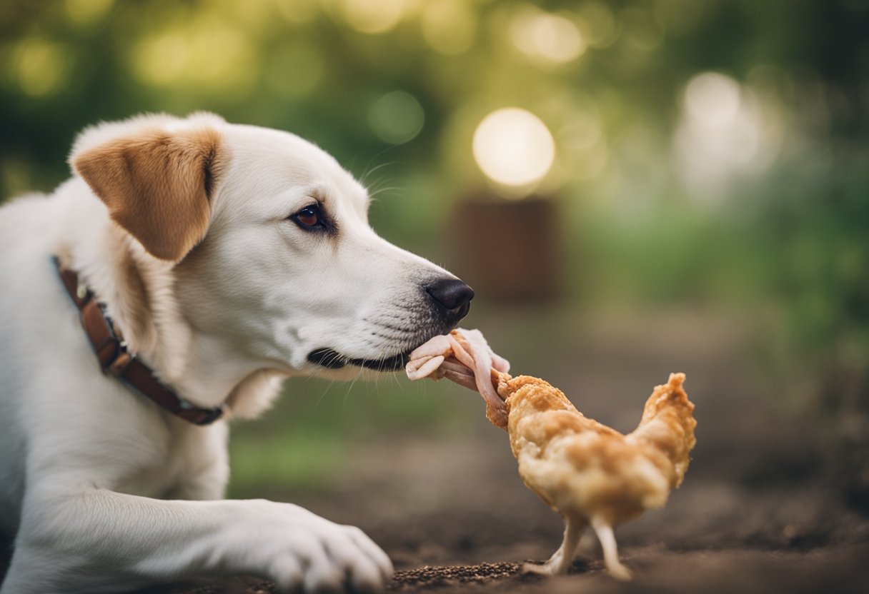 A dog sniffs a raw chicken, then eats it