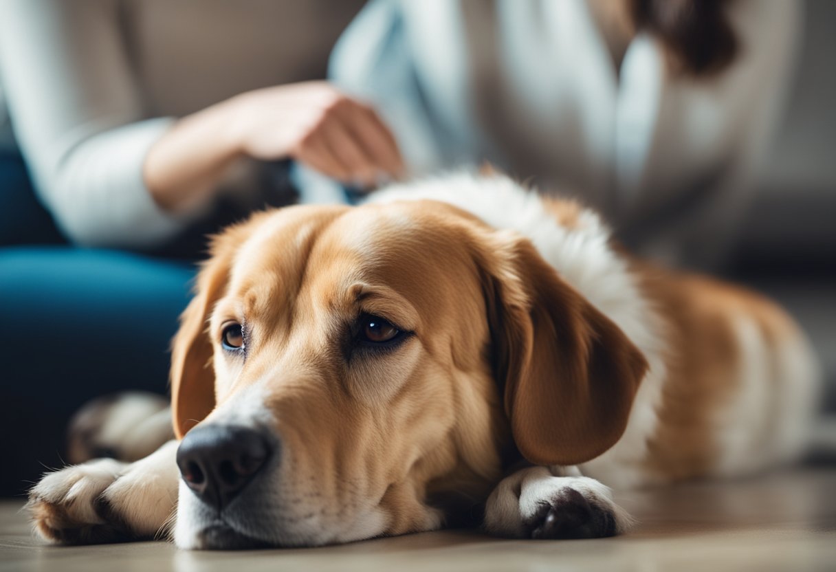 A dog lying lethargically with vomiting and diarrhea, while a concerned owner looks on