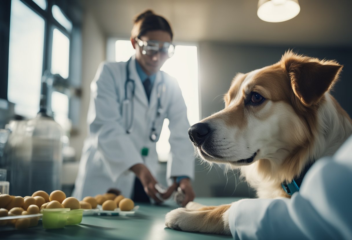 A dog receiving treatment and recovering from salmonella, with a vet administering medication and monitoring progress