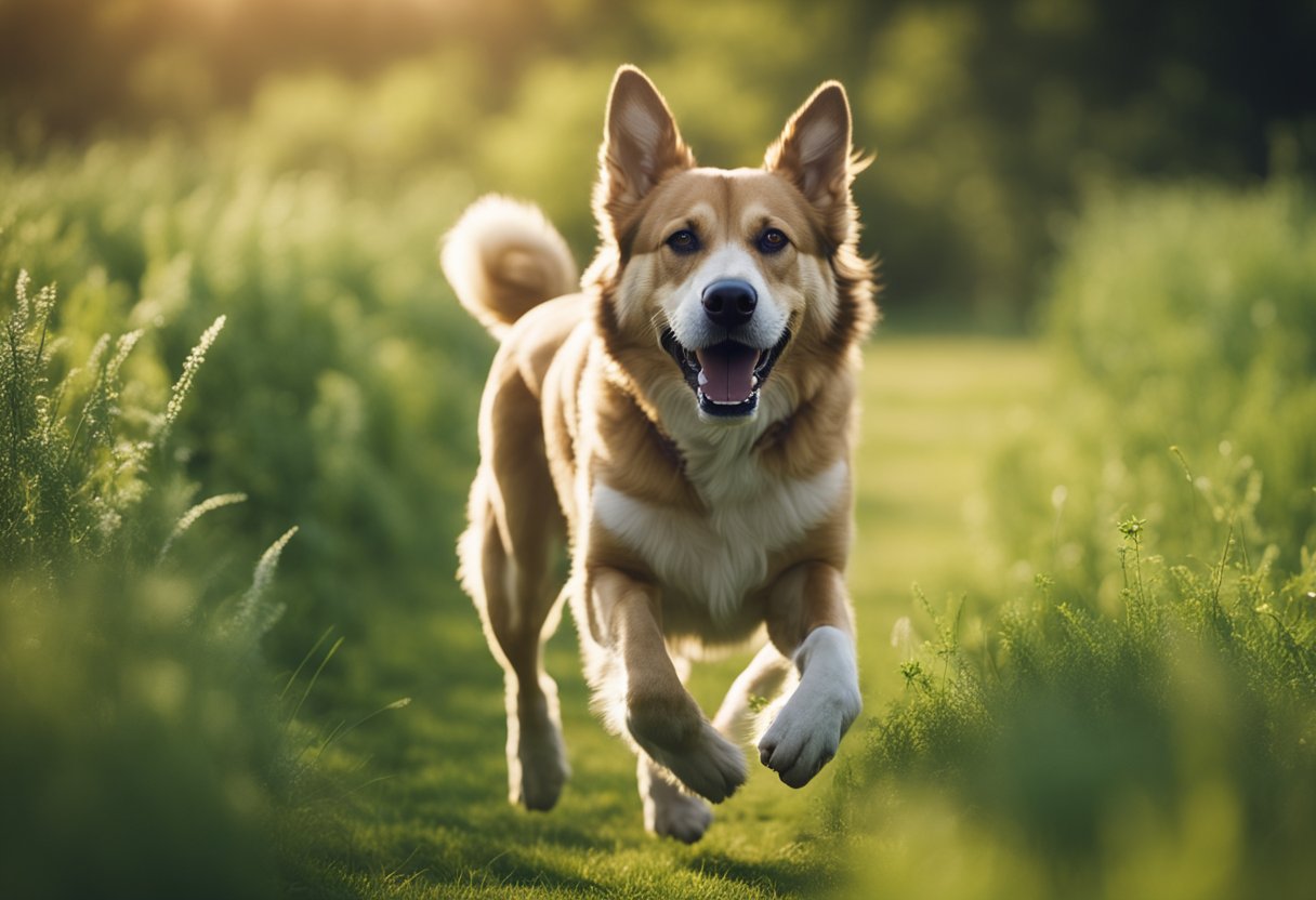 A giant dog breed species running through a lush green field, tongue lolling and tail wagging