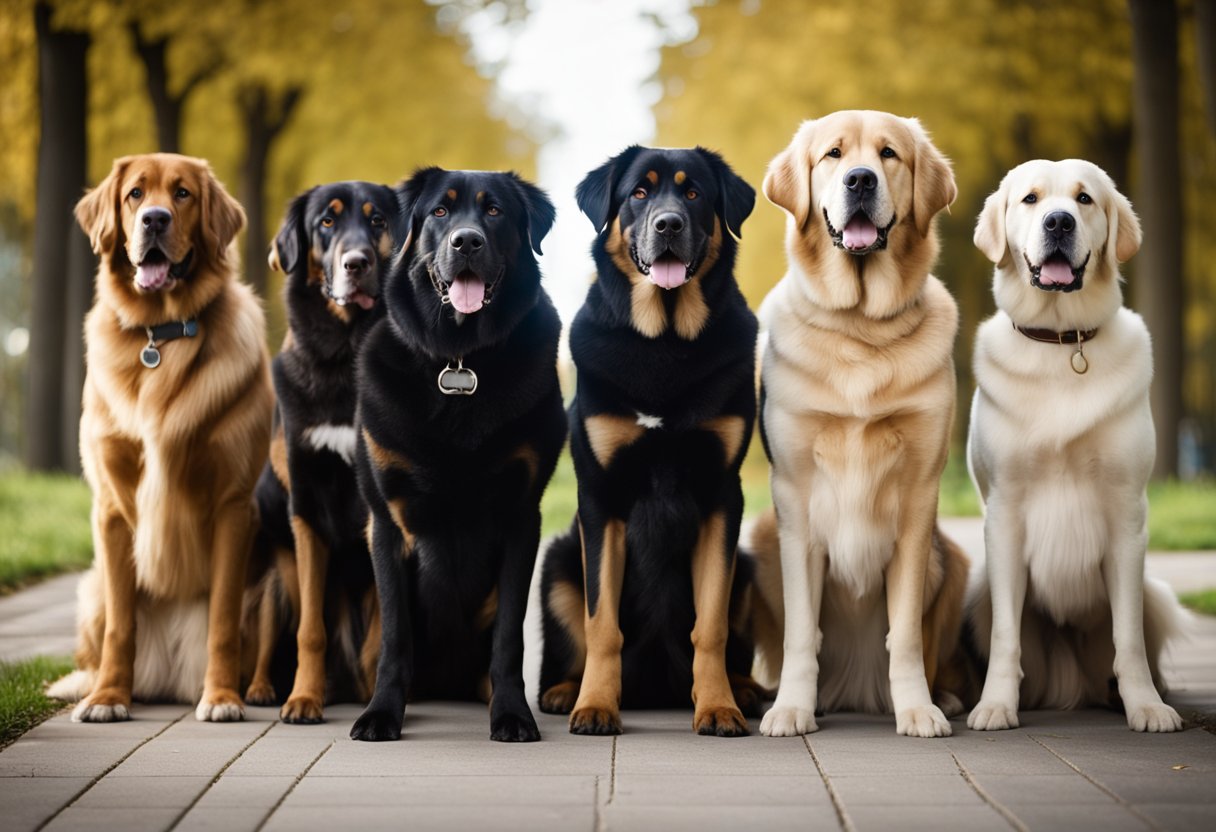 A group of giant dog breeds stand together, showcasing their impressive size and strength, with their towering frames and powerful presence