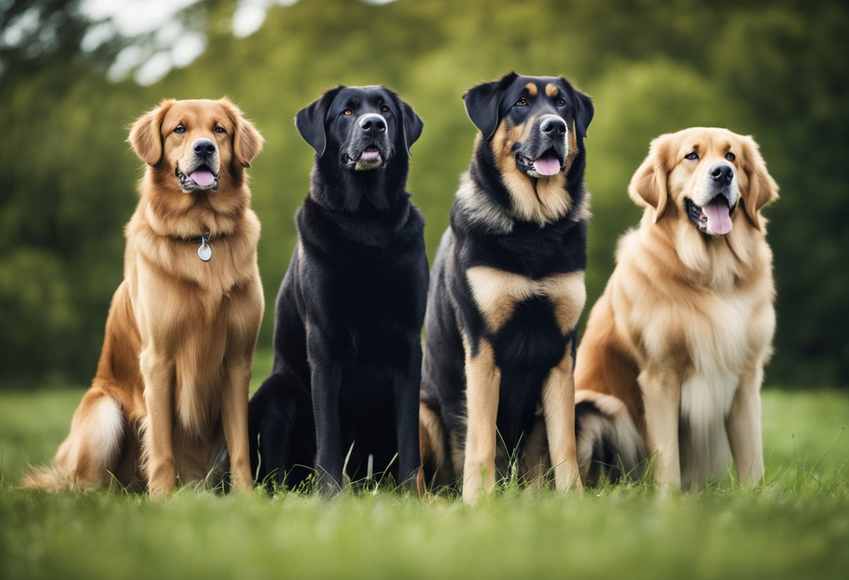 A group of specific giant dog breeds stand together in a grassy field, showcasing their impressive size and unique features