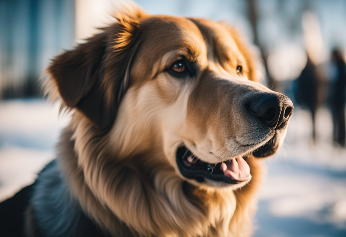 A giant dog breed stands proudly, with a friendly and gentle expression. Its fur is thick and well-groomed, and its eyes radiate warmth and affection. The dog exudes strength and vitality, embodying the essence of health and care