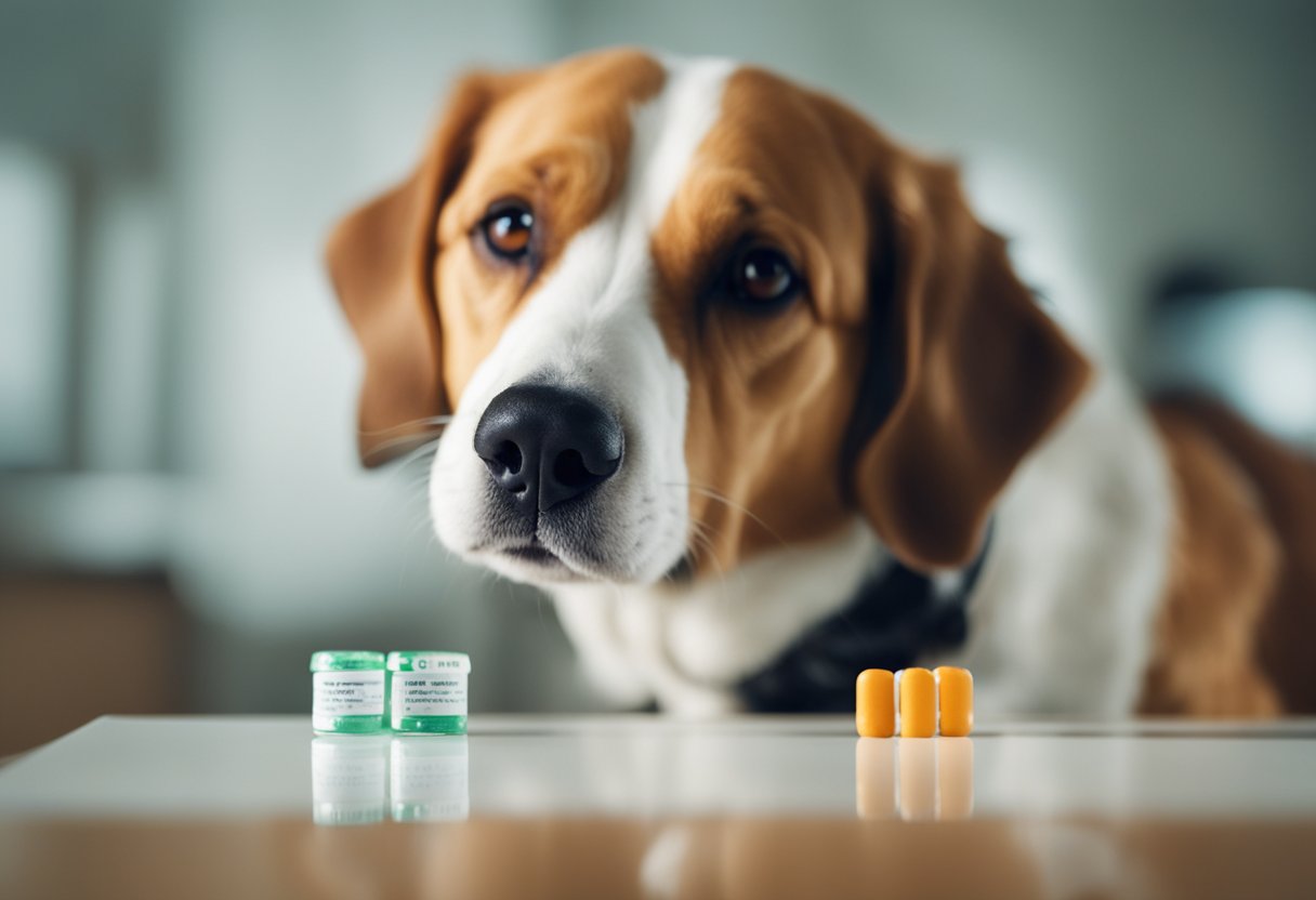 A dog sitting calmly while a hand administers a Zyrtec pill