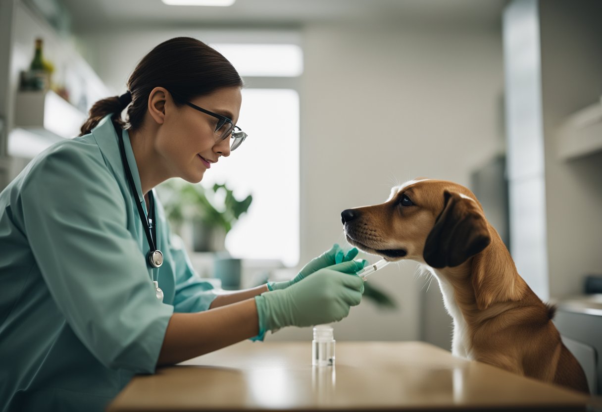 A veterinarian measuring and administering Zyrtec to a dog with a syringe