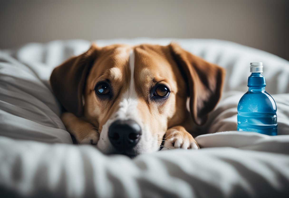 A dog lying on a comfortable bed, scratching its ears and shaking its head. A bottle of Zyrtec and a water bowl nearby