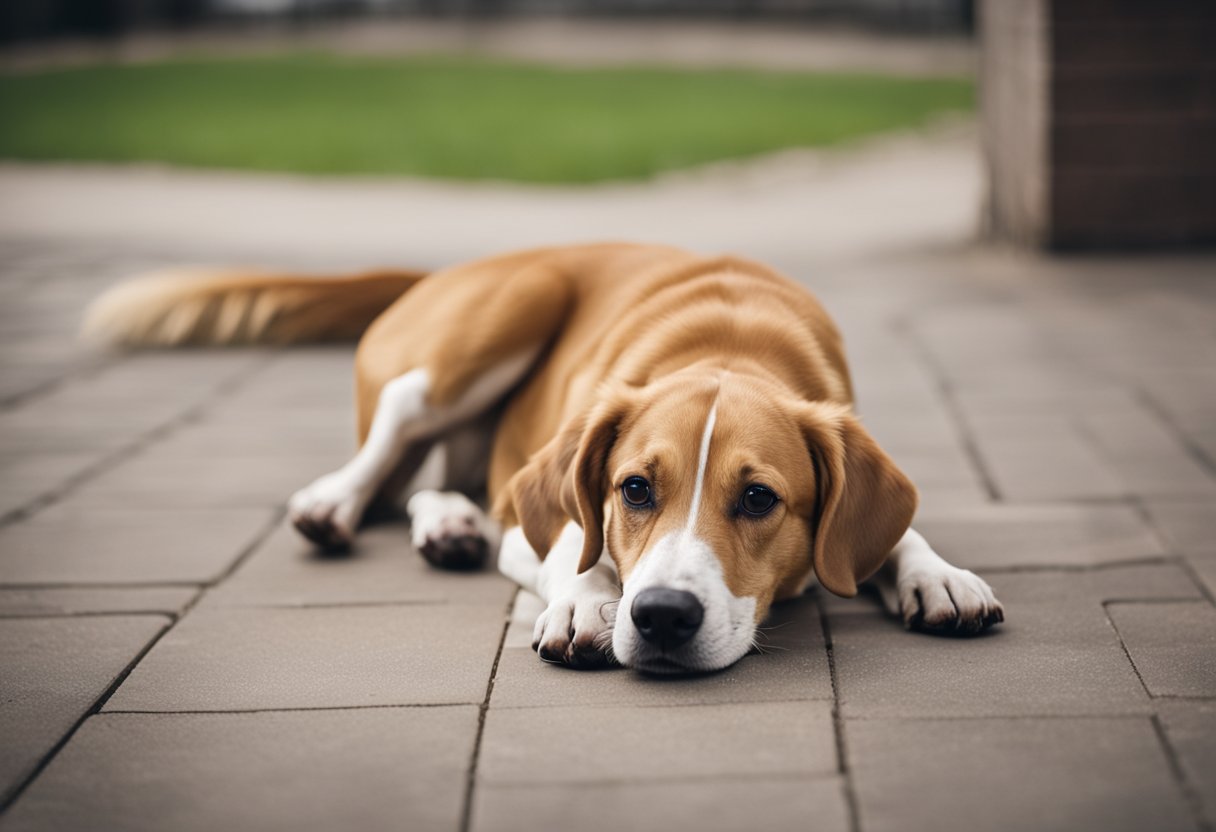 A dog cowers in a corner, ears pinned back and tail between its legs, while its stomach gurgles audibly