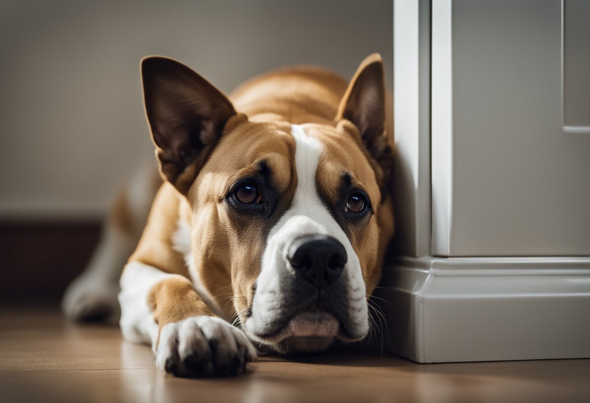 A dog cowers in a corner, tail tucked between its legs, ears pinned back, and a worried expression on its face. It shows signs of discomfort and distress, such as diarrhea and vomiting