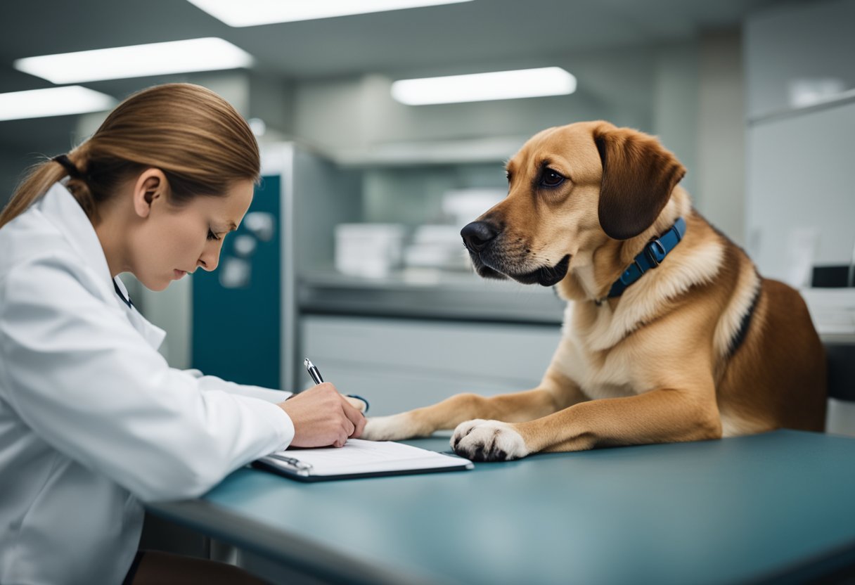 A dog with a hunched posture, loose stool, and signs of discomfort. A veterinarian examining the dog's abdomen and taking notes