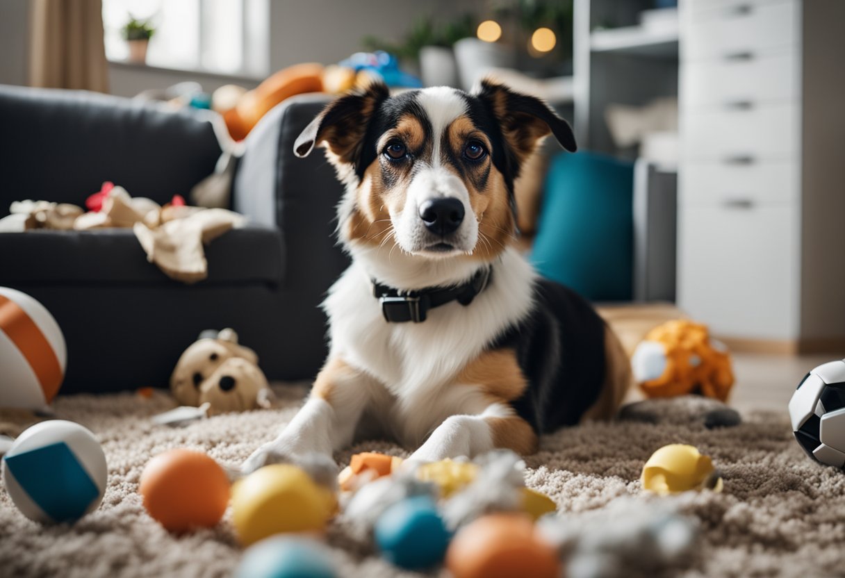 A dog surrounded by chaotic elements, such as a torn-up couch, scattered toys, and a busy household, with a worried expression on its face