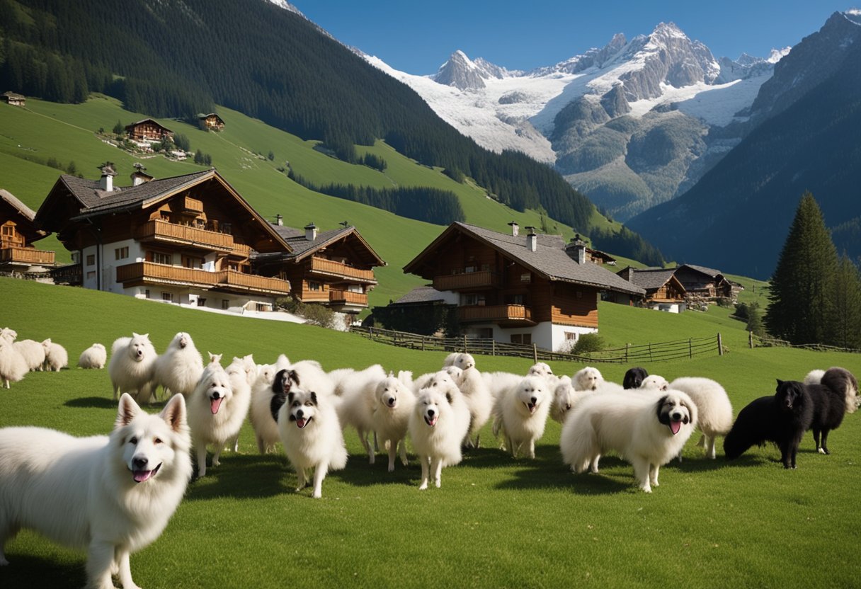 A Swiss shepherd tends to a flock in the picturesque alpine meadows, surrounded by snow-capped peaks and traditional wooden chalets