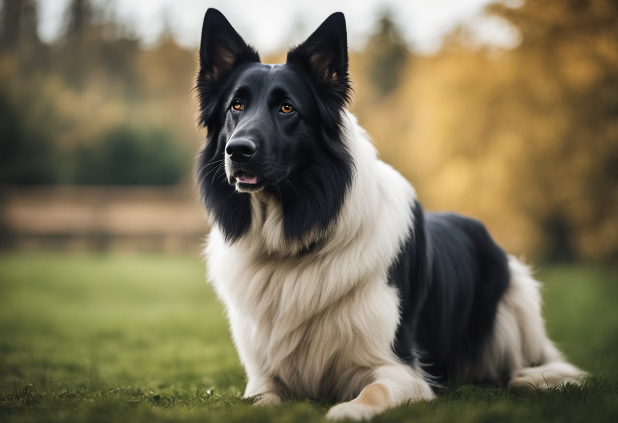 A Swiss Shepherd stands tall, with a strong and muscular build. Their thick double coat is a striking combination of black, white, and tan. The breed's alert expression and confident stance exude intelligence and loyalty