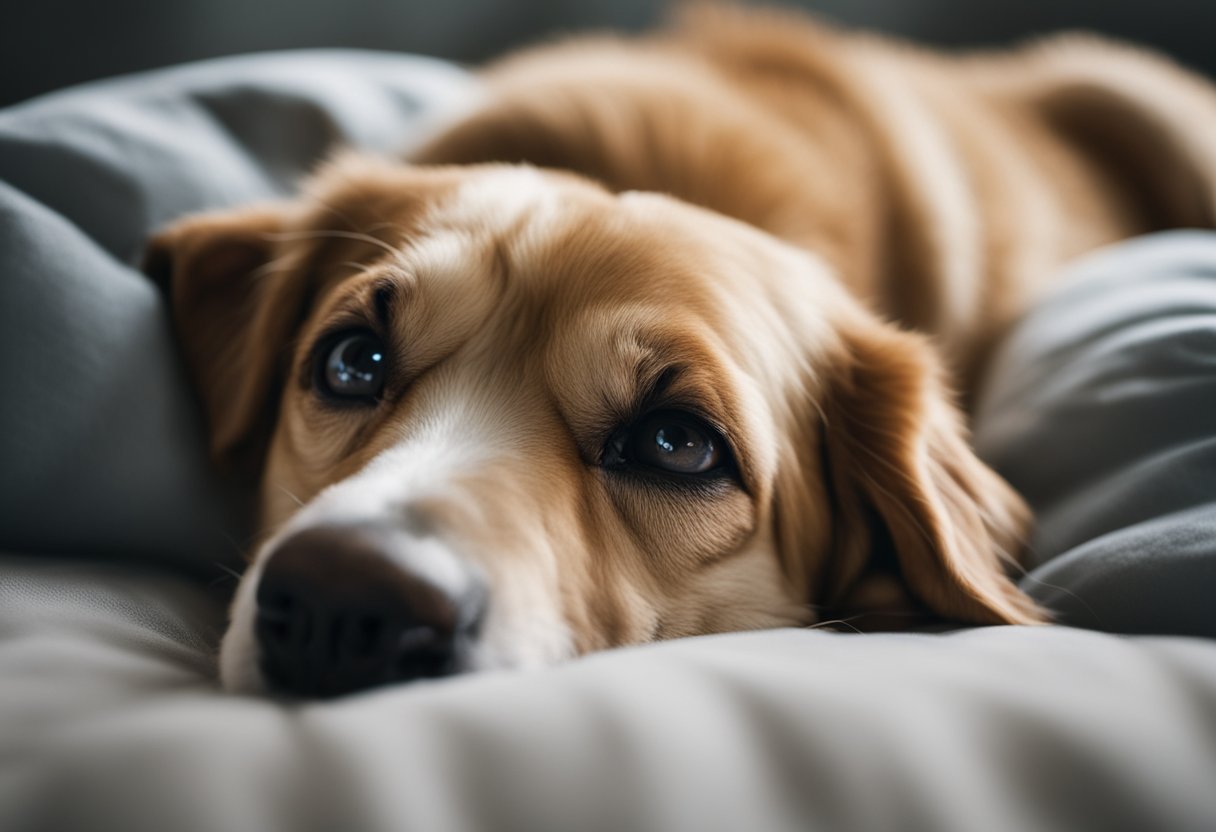 A sick dog lies on a bed, looking up at a worried owner