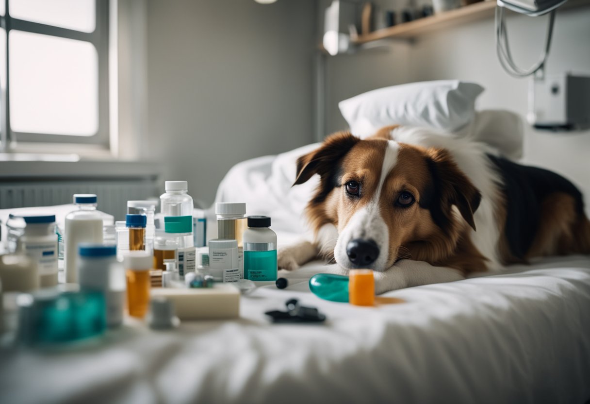 A sick dog lying on a bed, surrounded by medical equipment and medications. A worried owner looks on as the vet examines the pet