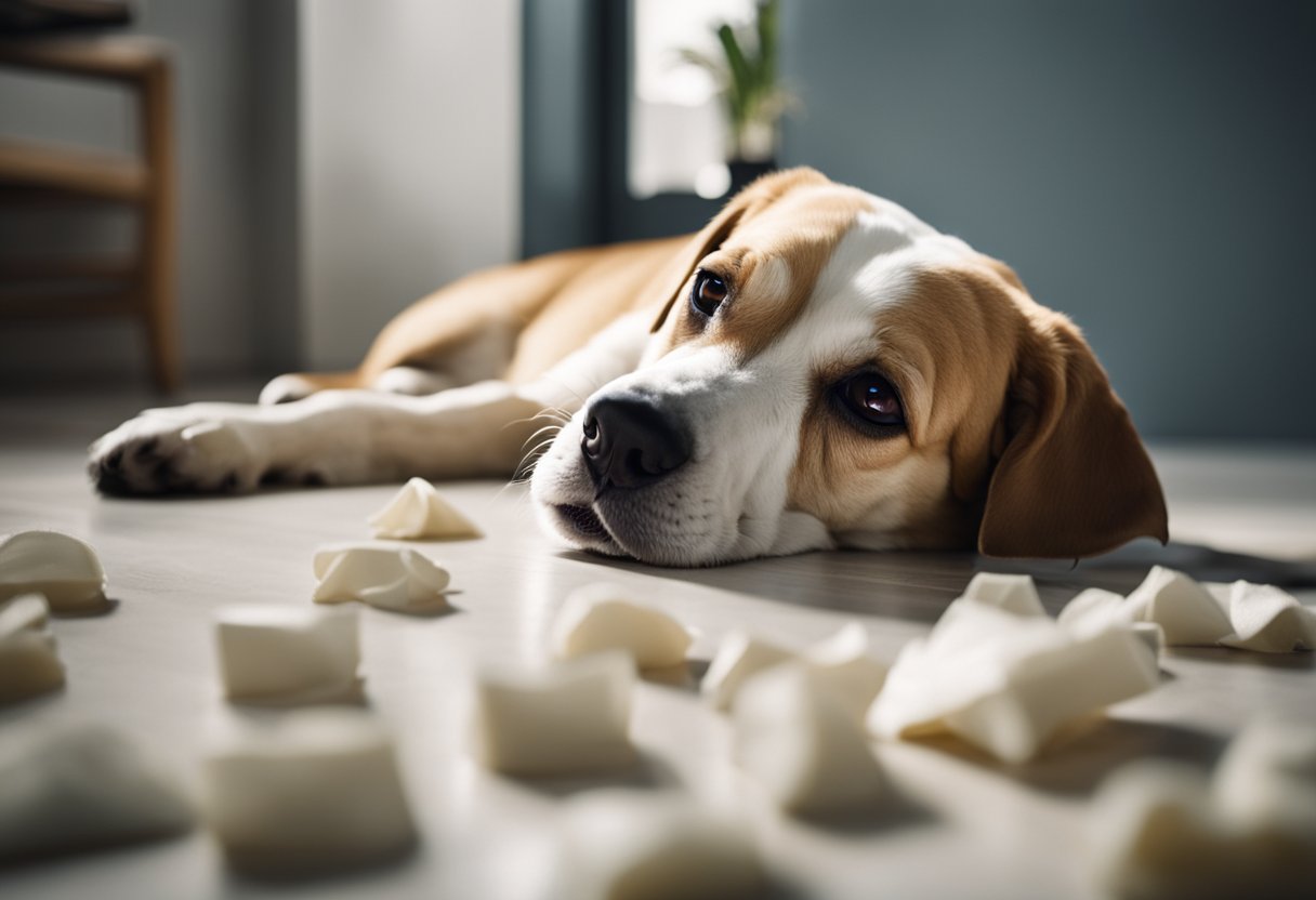 A dog lying on the floor with a sad expression, surrounded by tissues and a water bowl